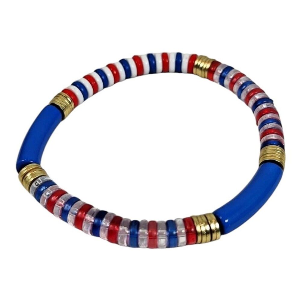 Red White Blue Clear Plastic & Gold Tone Metal Beaded Stretch Bracelet 7.25"